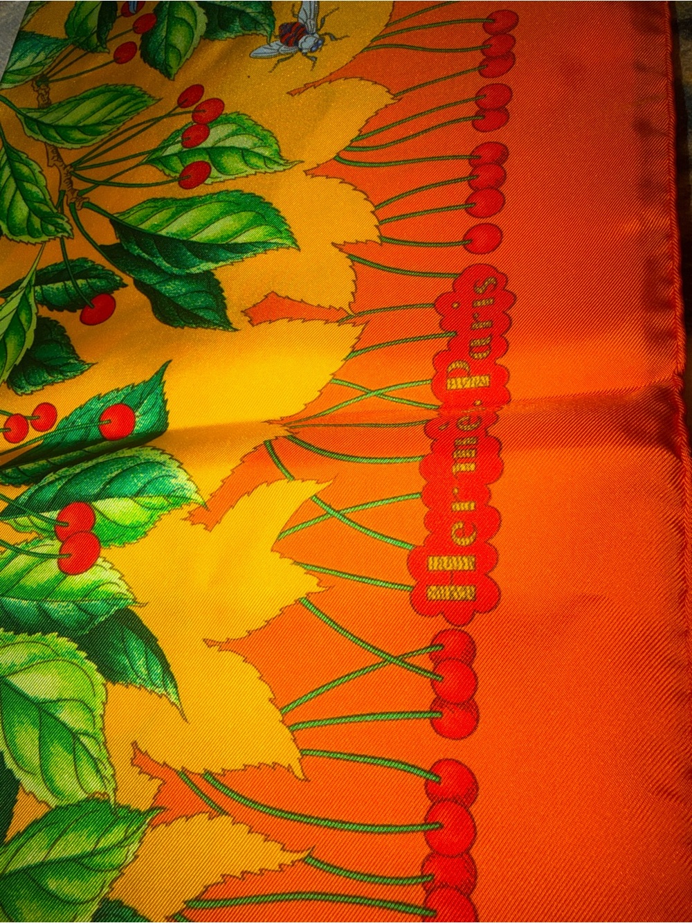 Hermes Orange Yellow Silk Scarf with Green Leaf & Red Cherry Motif - Picture 2 of 3